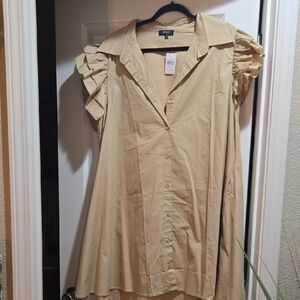 Elegant Beige Midi Dress with Ruffled Sleeves